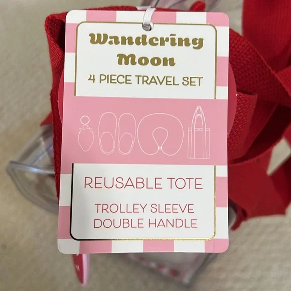Pink & Red 4 Piece Travel Set- Slippers, Neck Pillow, Luggage Tag & Reusable Bag